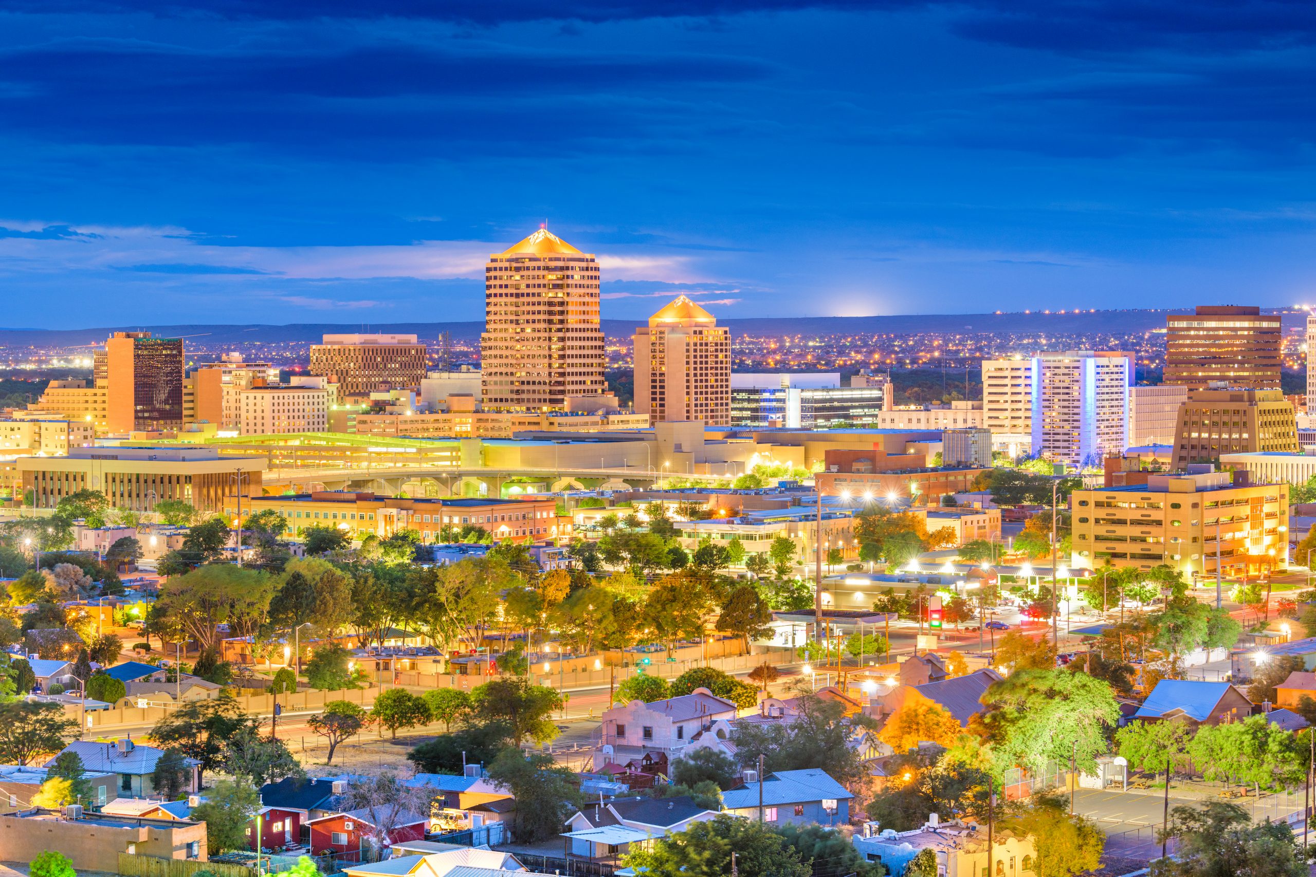 The beautiful Downtown Albuquerque, New, Mexico, skyline captured at twilight.